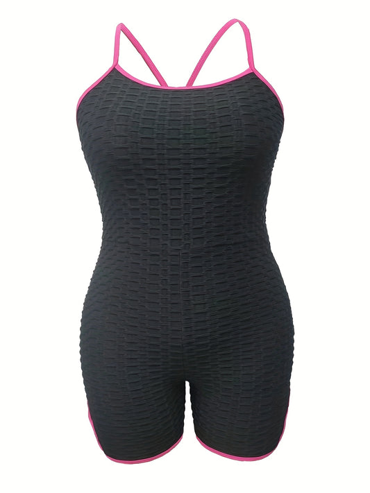  Sports Cami Romper Women's Plus Contrast Trim Honeycomb Textured Lace