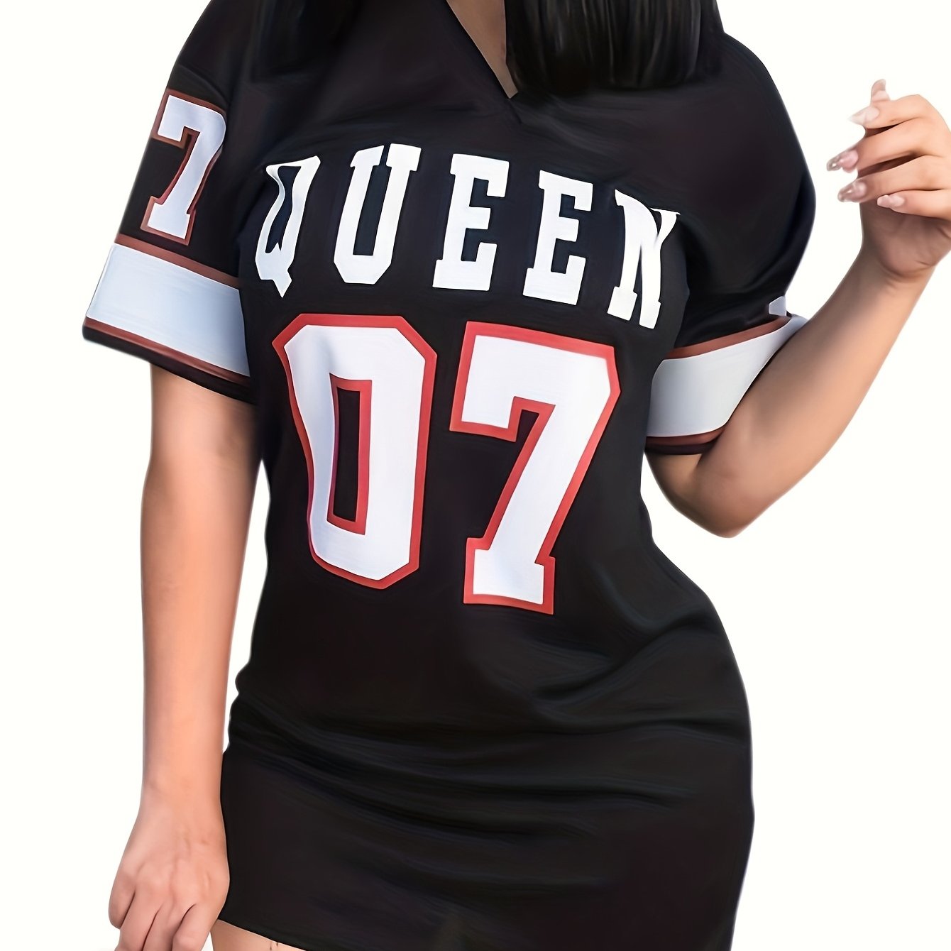 Queen Letter Print Mini Dress V Neck Casual Dress For Spring & Summer