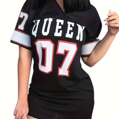 Queen Letter Print Mini Dress V Neck Casual Dress For Spring & Summer