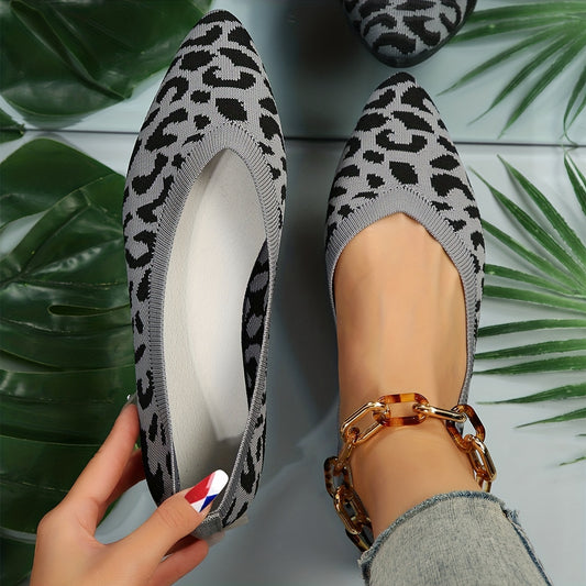 Leopard Print Pointed Toe Ballet Flats Slip On Shoes Soft Sole Comfy Walking