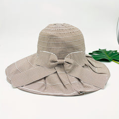 Striped Bucket Hat Wide Brim Bowknot Decor UV Protection Travel Beach Hat