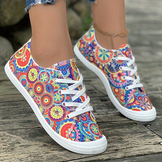 Ethnic Print Canvas Sneakers Lace Up Skate Shoes