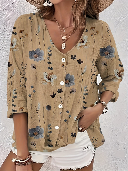 Floral Print Button Up V Neck Top Plus Size