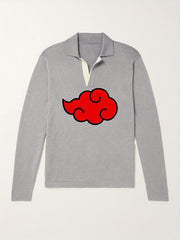 Anime Cloud Pattern Polo Sweater Men's Warm V Neck Pullover For Fall Winter