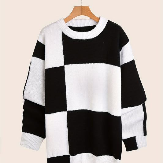 Men's Block Knit Sweater Warm Round Neck Pullover