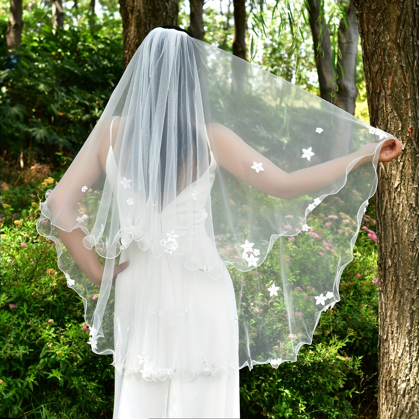 Floral Bridal Veil Double Layer Sheer Nylon Garden Wedding Romantic Accessory