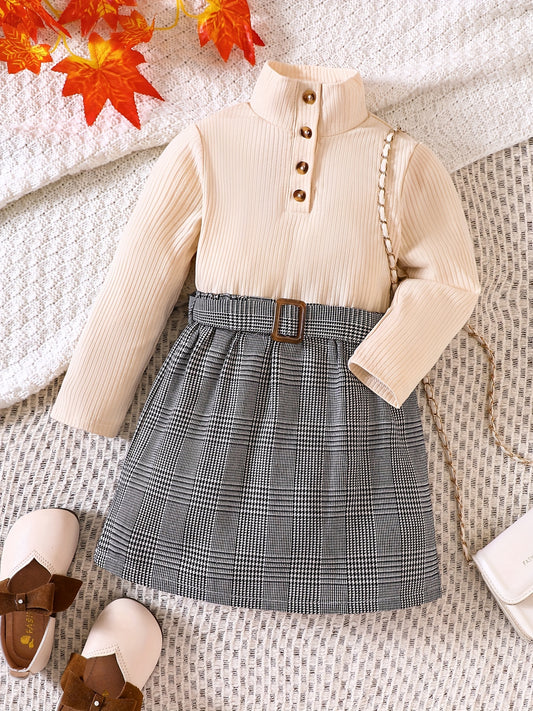 Girl's Ribbed Turtleneck Top & Plaid Belted Skirt Set Casual Outfits
