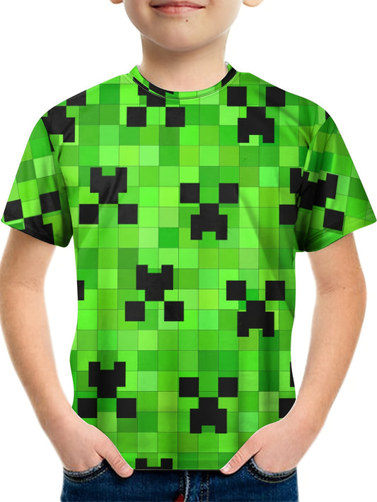 Boy's Green Blocks Graphic T shirt Casual Slightly Stretch Breathable Novel Tee