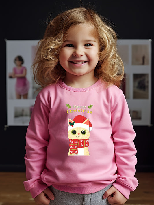 Christmas Kitty Graphic Crew Neck Long Sleeve Sweatshirt Kids