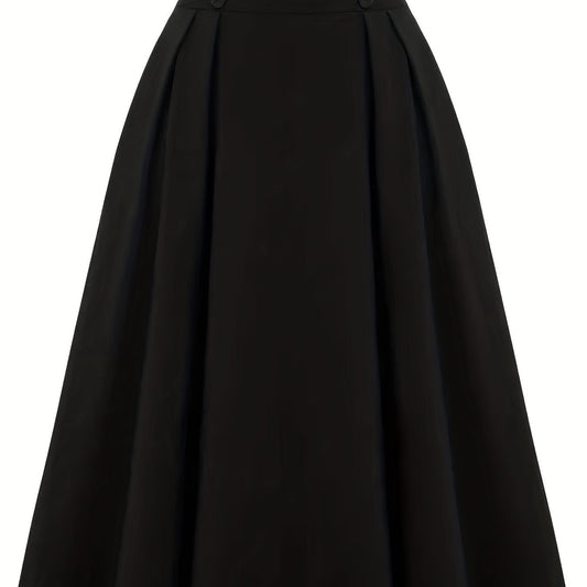 Button Front High Waist Solid Pleated Skirt