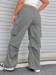  Solid High Rise Wide Leg Cargo Trousers