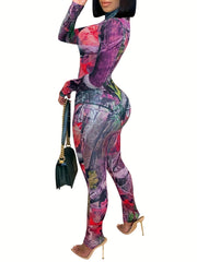 Vintage Graphic Print 2pc Set Bodysuit & High Waist Pants Women's Clothing