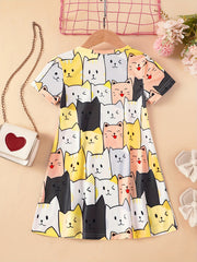 Girls Casual Kitten Graphic Dress for Summer Holiday Party Kids Clothes