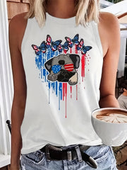 Butterfly & Dog Print Tank Top Crew Neck Casual Independence Tank Top