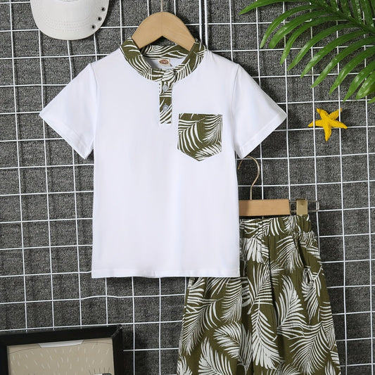 Boys Leaves Print Polo Shirt & Shorts Set Kids Summer Clothes