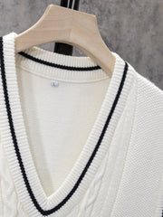 Men's V Neck Striped Knit Vest Sleeveless Sweater