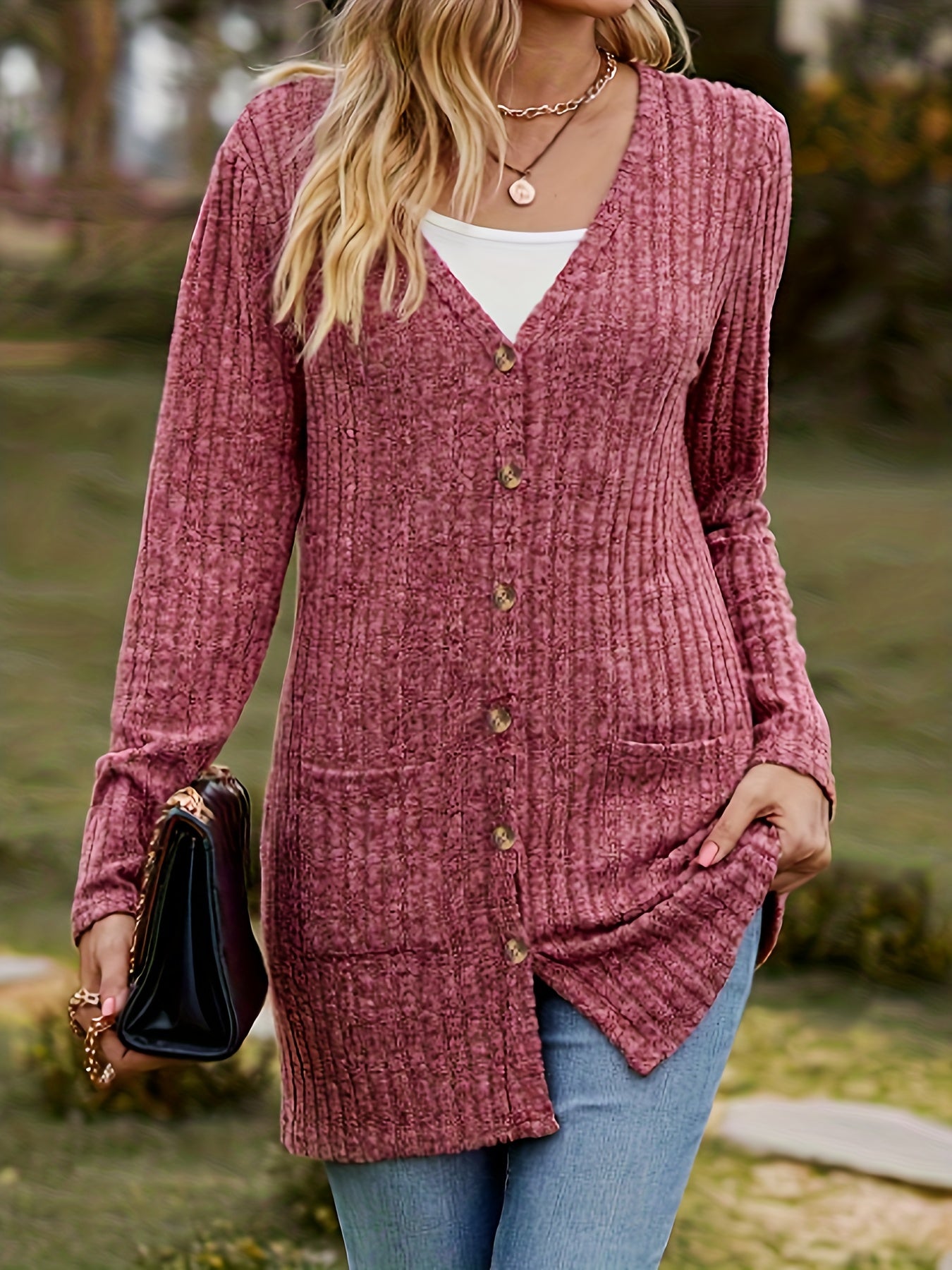  Solid Ribbed Button Up Cardigan with Pockets