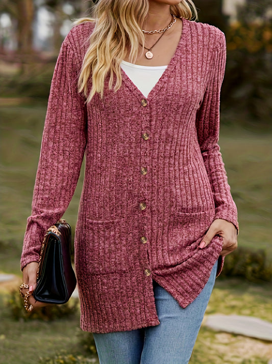  Solid Ribbed Button Up Cardigan with Pockets