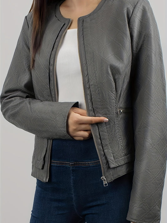 Faux Leather Quilted Jacket Zipper Motor Vintage Long Sleeve