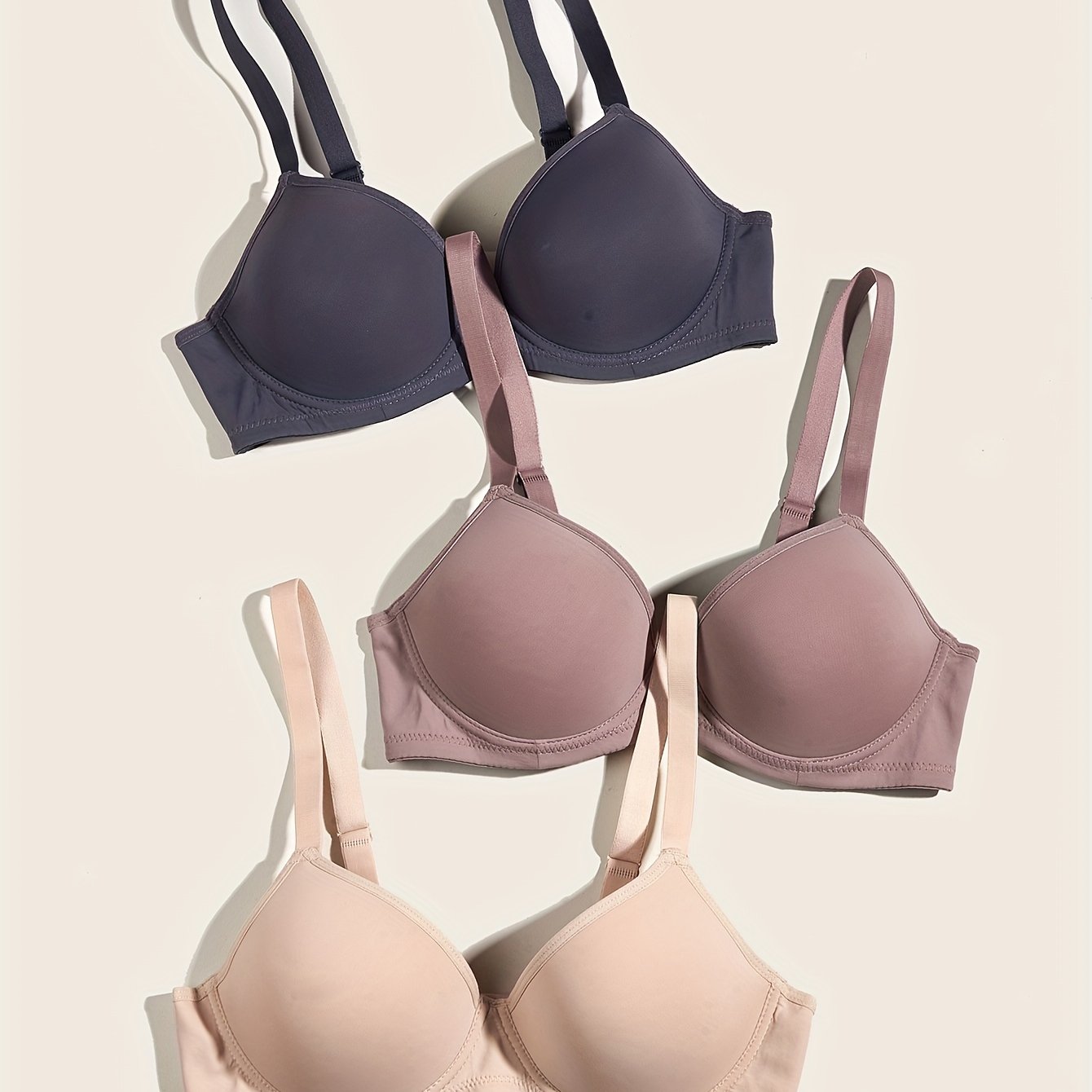 3pcs Solid T Shirt Bras Comfortable Push Up Bra Women's Lingerie