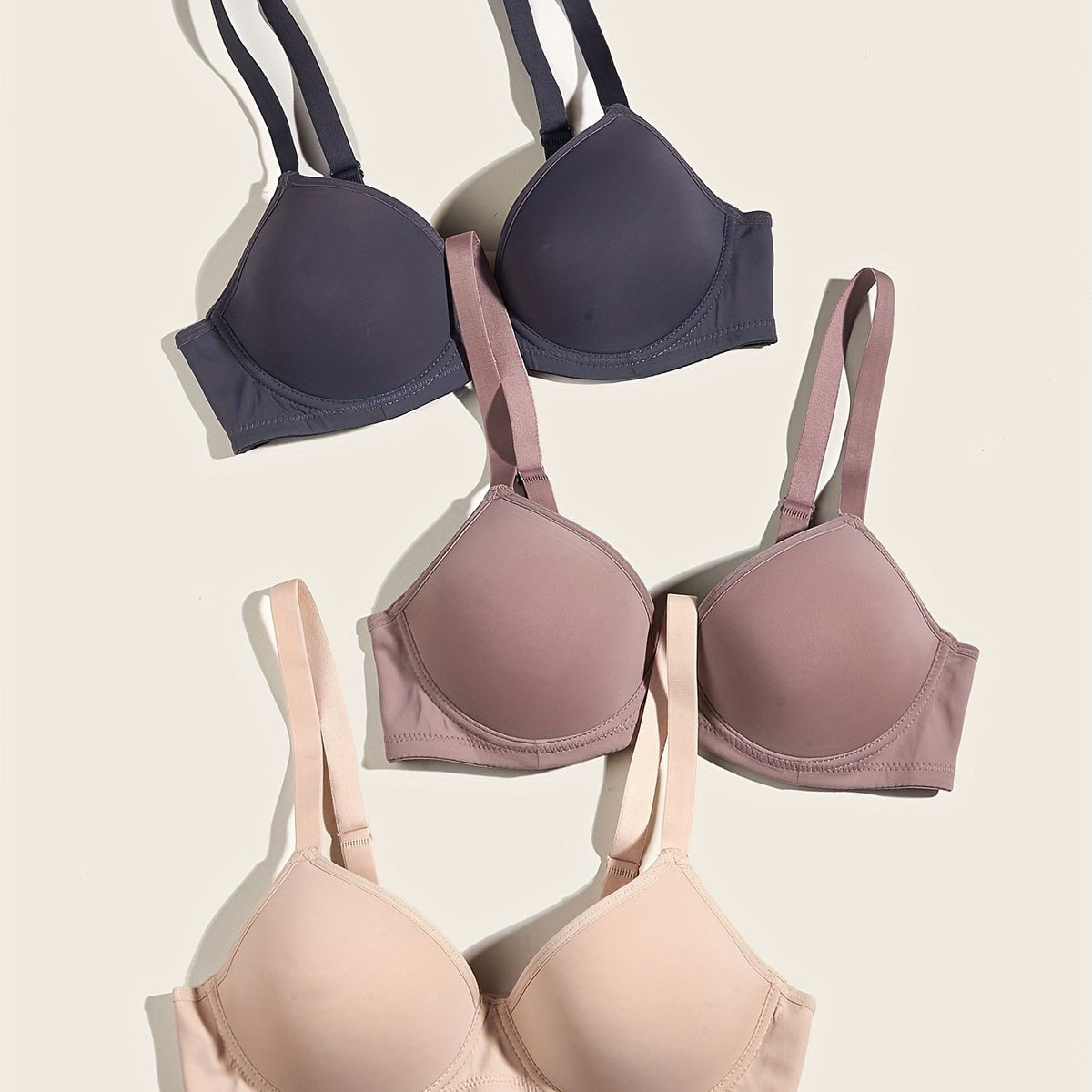 3pcs Solid T Shirt Bras Comfortable Push Up Bra Women's Lingerie