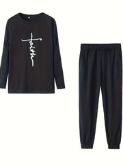  Women's Letter Print Tee & Tapered Leg Pant Two Piece Set