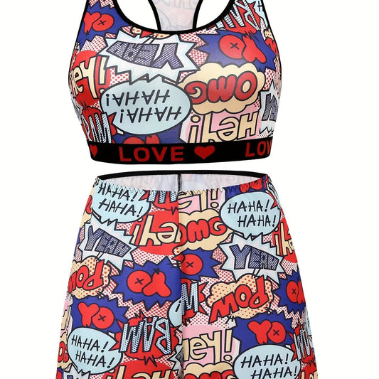  Y2K Pop Art Print Racer Back Tank Bra & Shorts Set