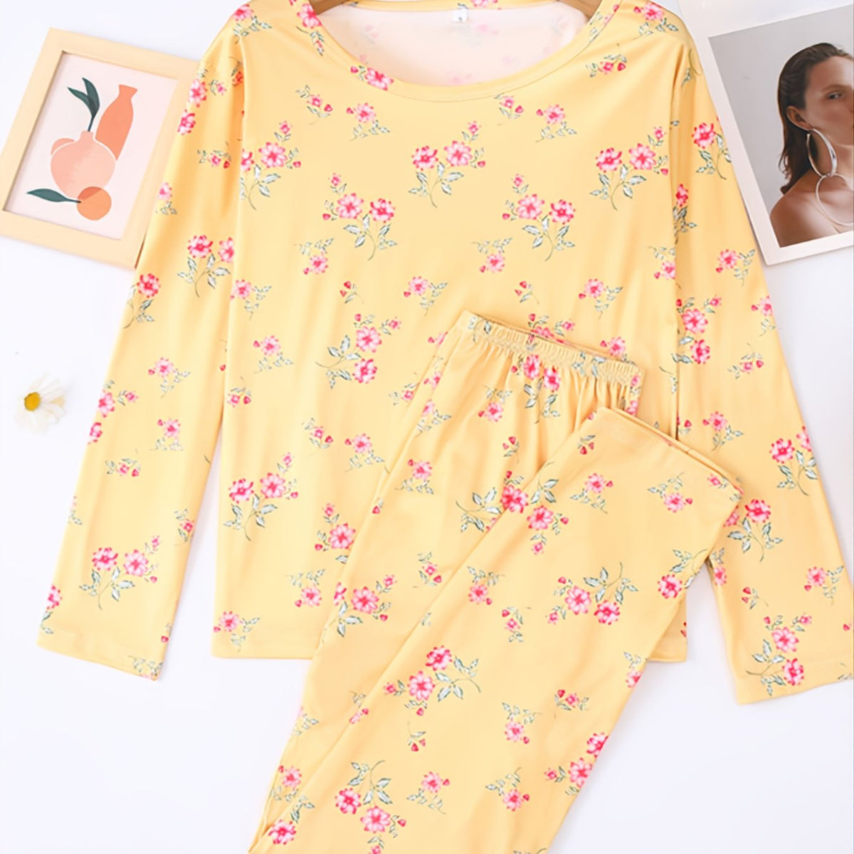 Soft Pajama Set Flower Print Tops & Pants Women's Loungewear