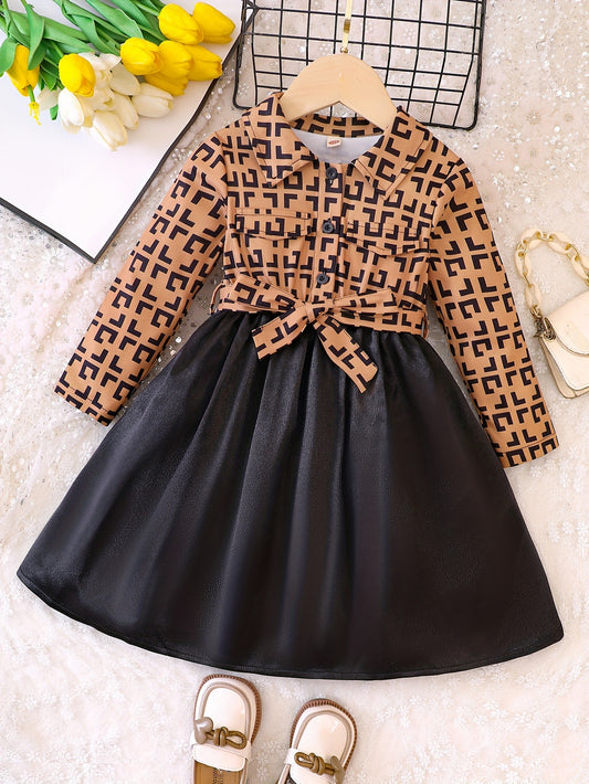Girls' Geo Print Stitching Dress for Autumn Spring