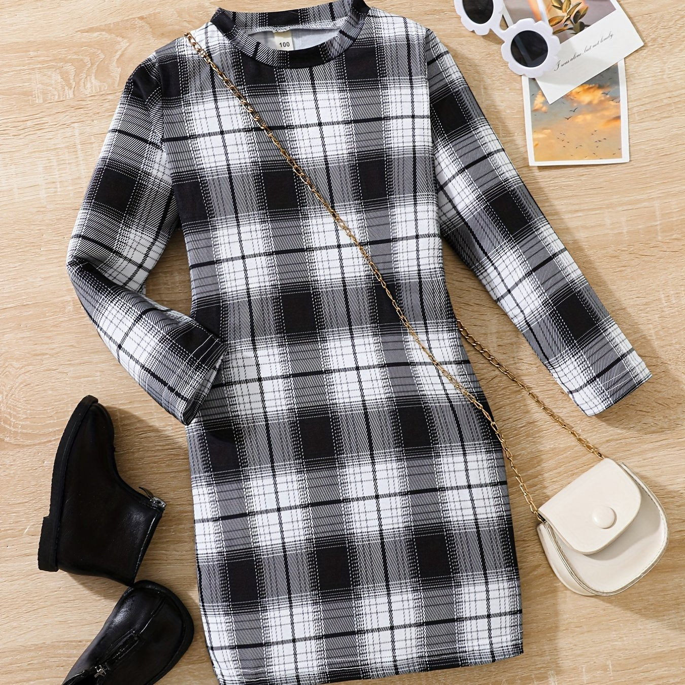Girl's Plaid Bodycon Dress for Party - Long Sleeve