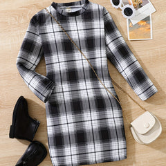 Girl's Plaid Bodycon Dress for Party - Long Sleeve
