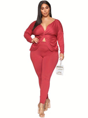 Plus Size Sexy Outfits Set V Neck Twist Back Top & Leggings Two Piece Set