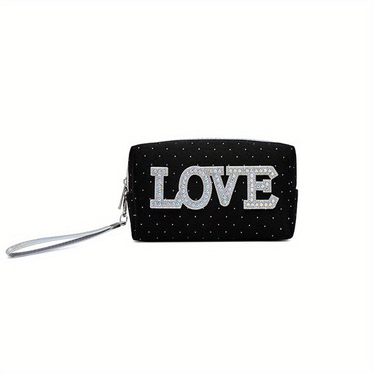 Queen Love Letter Cosmetic Toiletry Bag with Rhinestone Varsity Patches