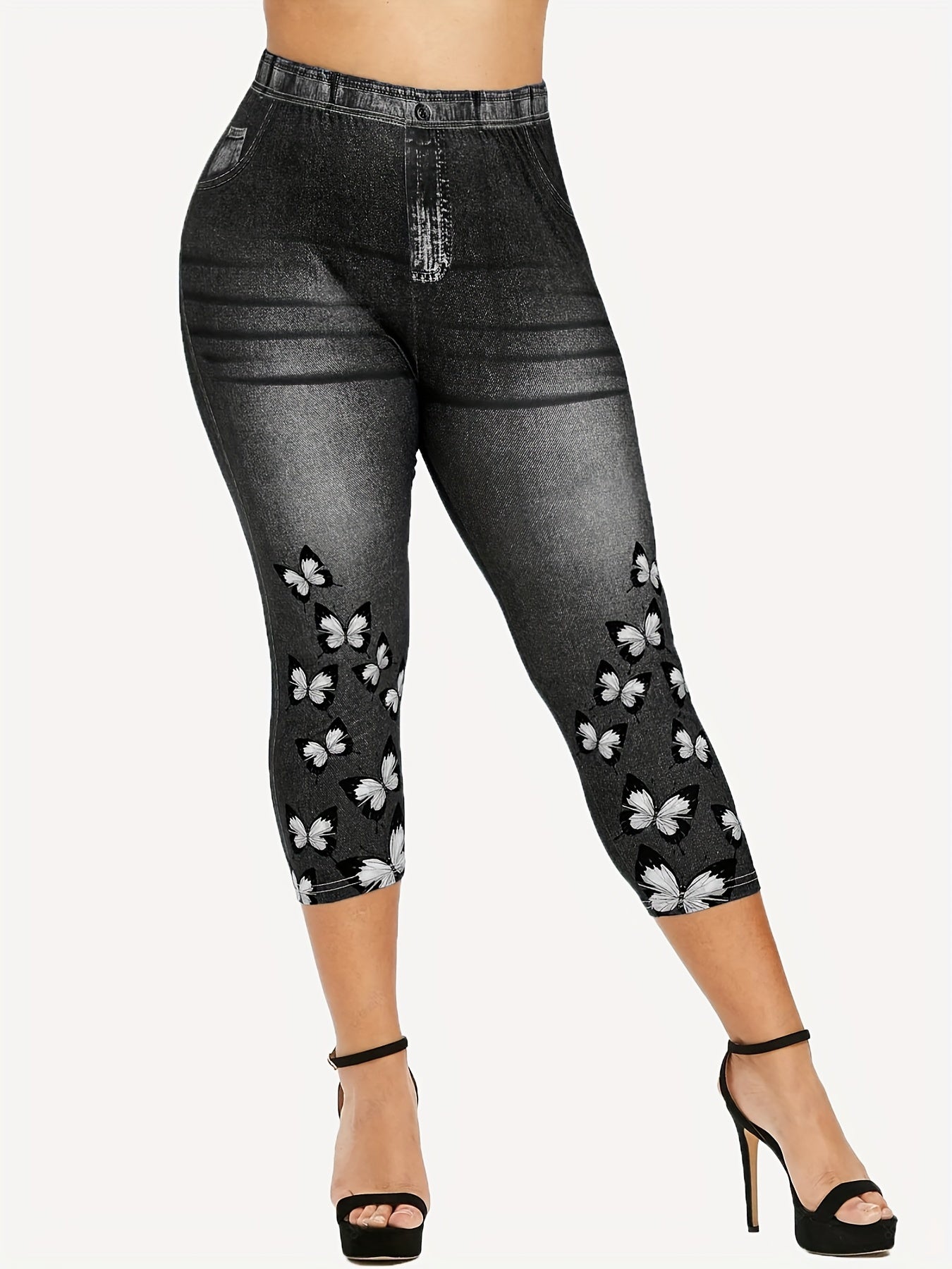 Butterfly & Denim Print Leggings Sexy Butt Lifting High Waist