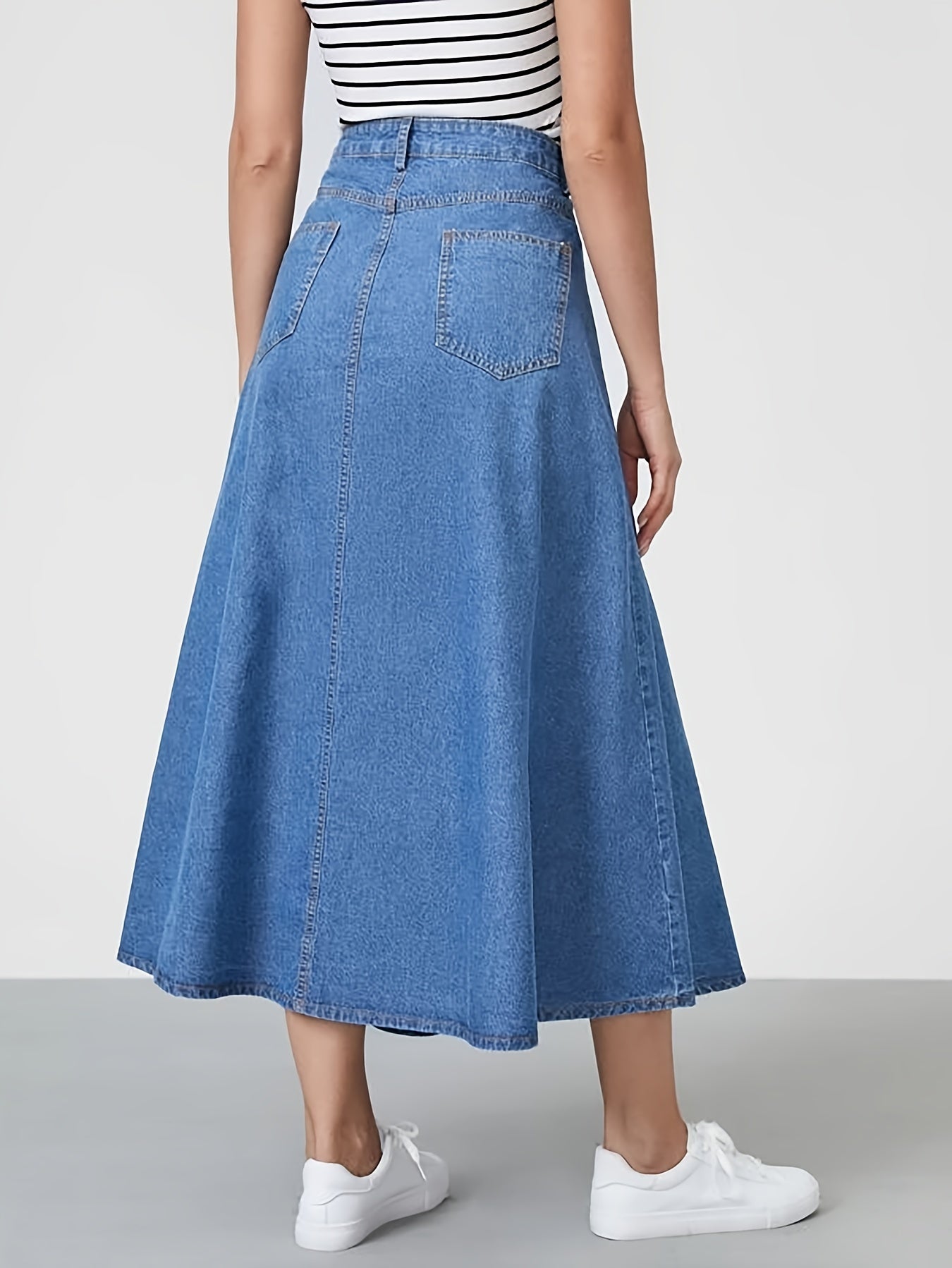 Button Denim Midi Skirt A Line Non Stretch Denim Skirt Women's Denim Clothing