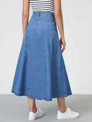 Button Denim Midi Skirt A Line Non Stretch Denim Skirt Women's Denim Clothing