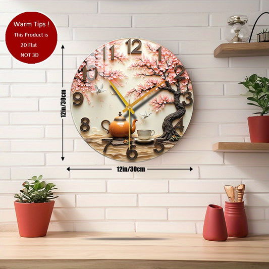 Japanese Sakura Blossom & Teapot Clock Vintage Floral Decor