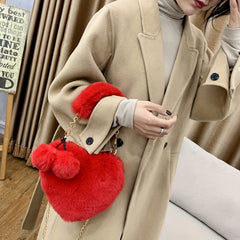 Heart Shaped Plush Handbag Chain Crossbody Bag Red
