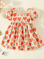 Girl's Heart Print Princess Dress with Puffy Sleeves & Big Bow