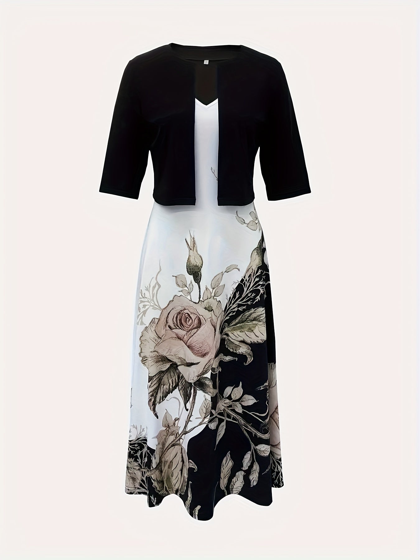  Solid Crop Cardigan & Floral Print V Neck Tank Dress Set