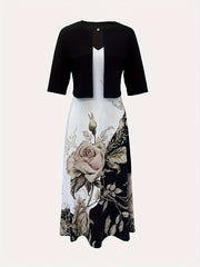 Solid Crop Cardigan & Floral Print V Neck Tank Dress Set