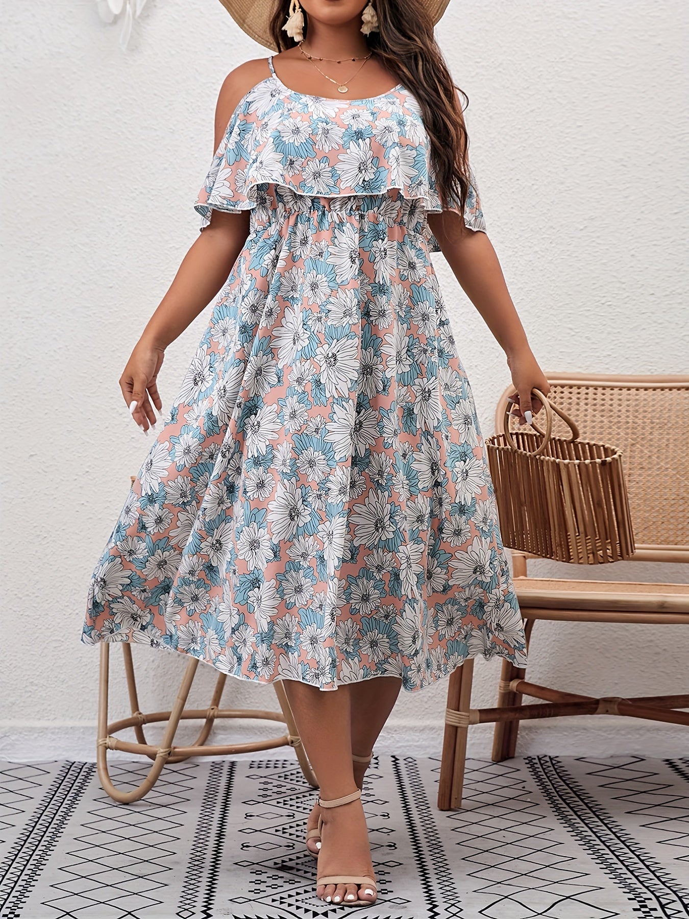 Floral Print Ruffle Trim Cold Shoulder Casual Dress