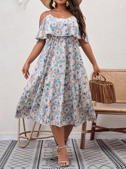 Floral Print Ruffle Trim Cold Shoulder Casual Dress