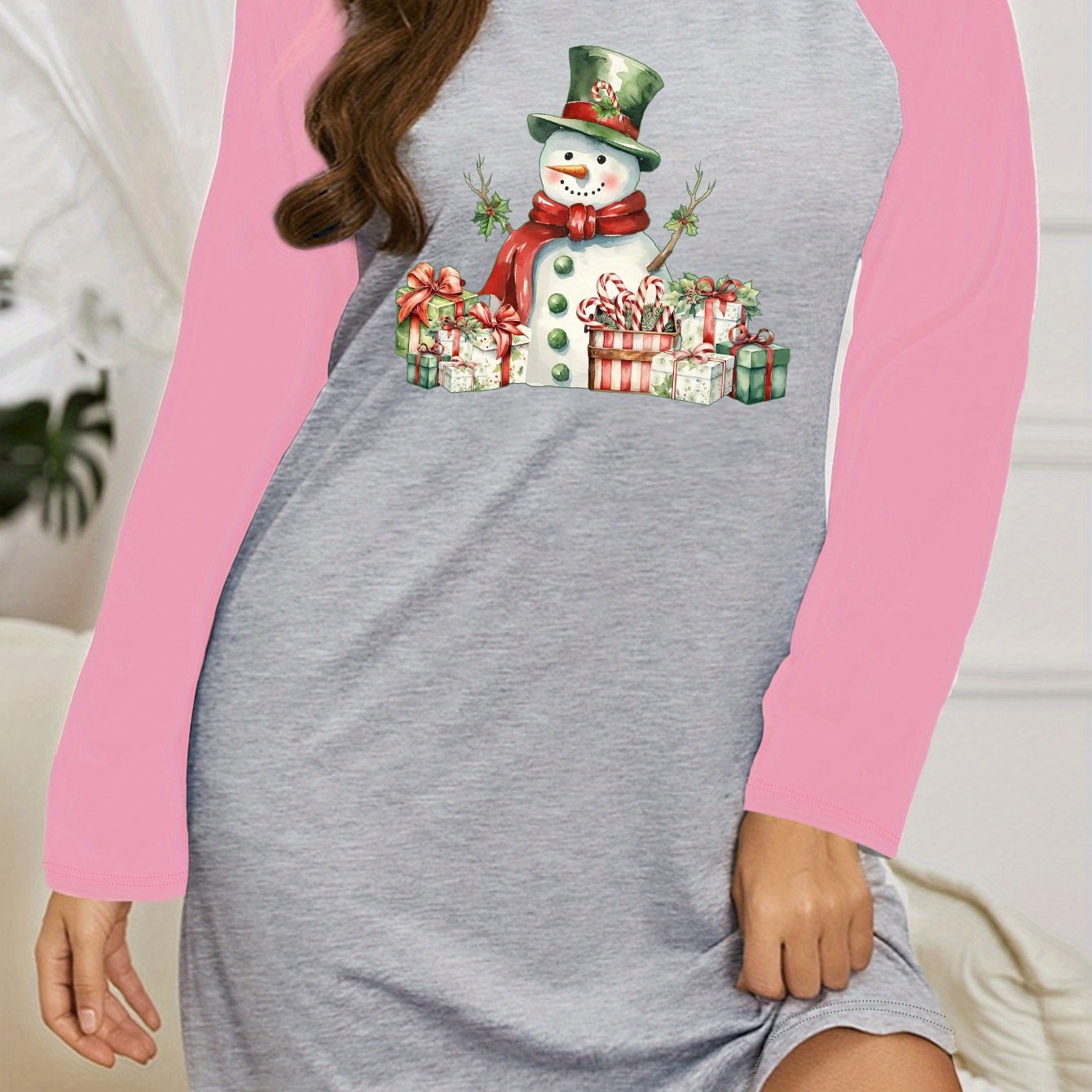  Snowman & Graphic Nightdress Raglan Sleeve Round Neck Sleep Dress