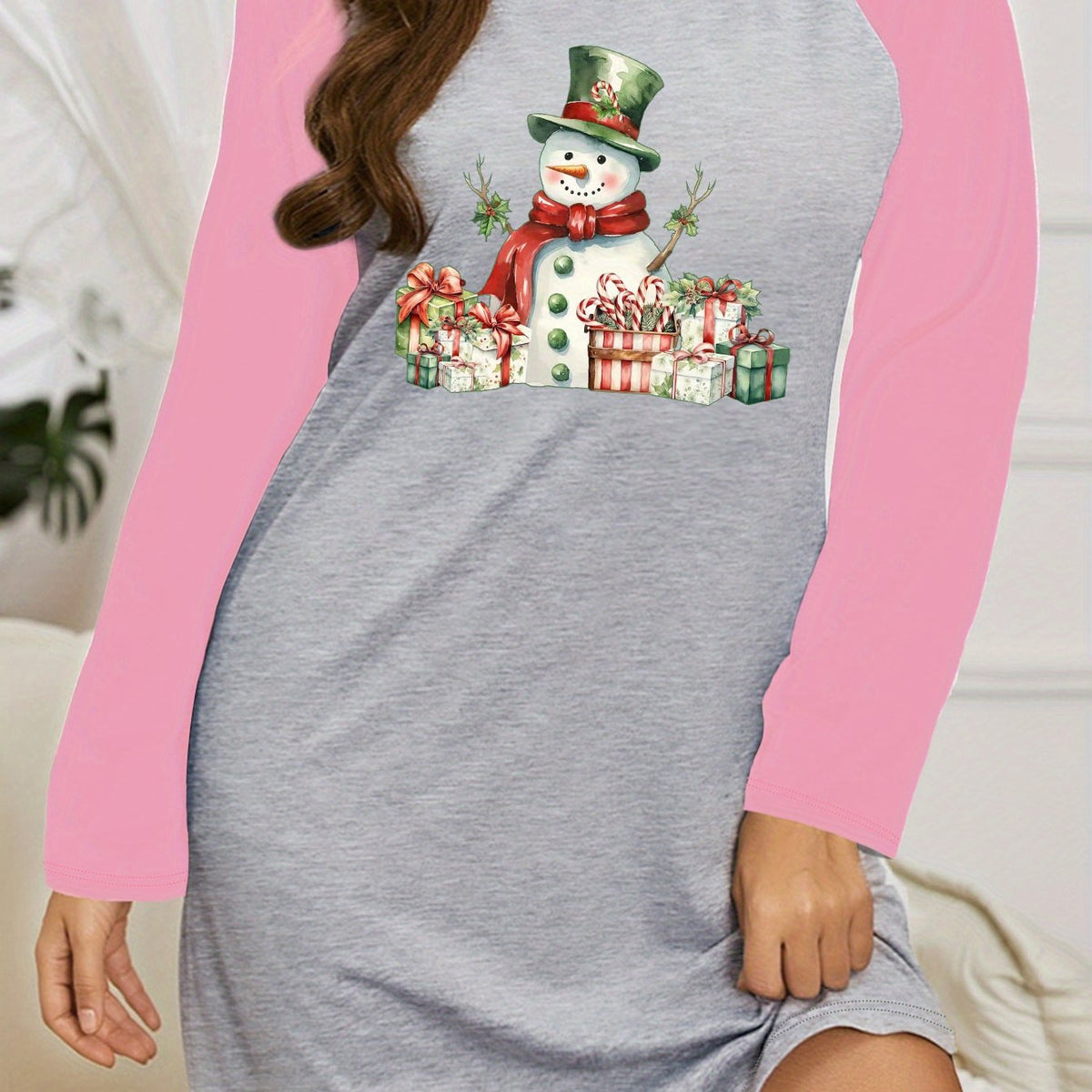  Snowman & Graphic Nightdress Raglan Sleeve Round Neck Sleep Dress