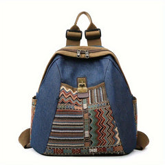 Embroidered Denim Backpack Purse with Ethnic Style Travel Daypack