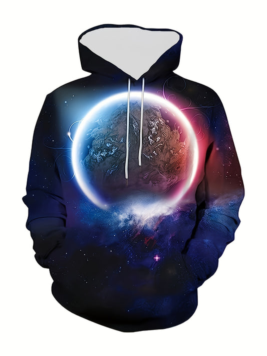 Planet Print Hoodies For Men Graphic Sweatshirt With Kangaroo Pocket
