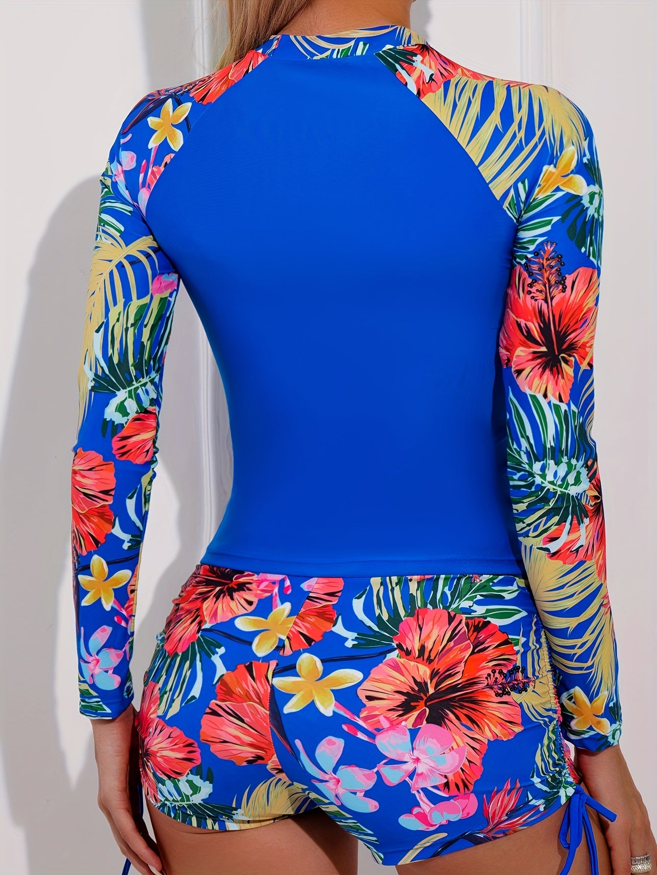 Floral Print Drawstring Swimsuit Long Sleeve Tropical Print 2 Piece Bathing Suit