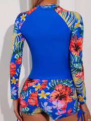 Floral Print Drawstring Swimsuit Long Sleeve Tropical Print 2 Piece Bathing Suit