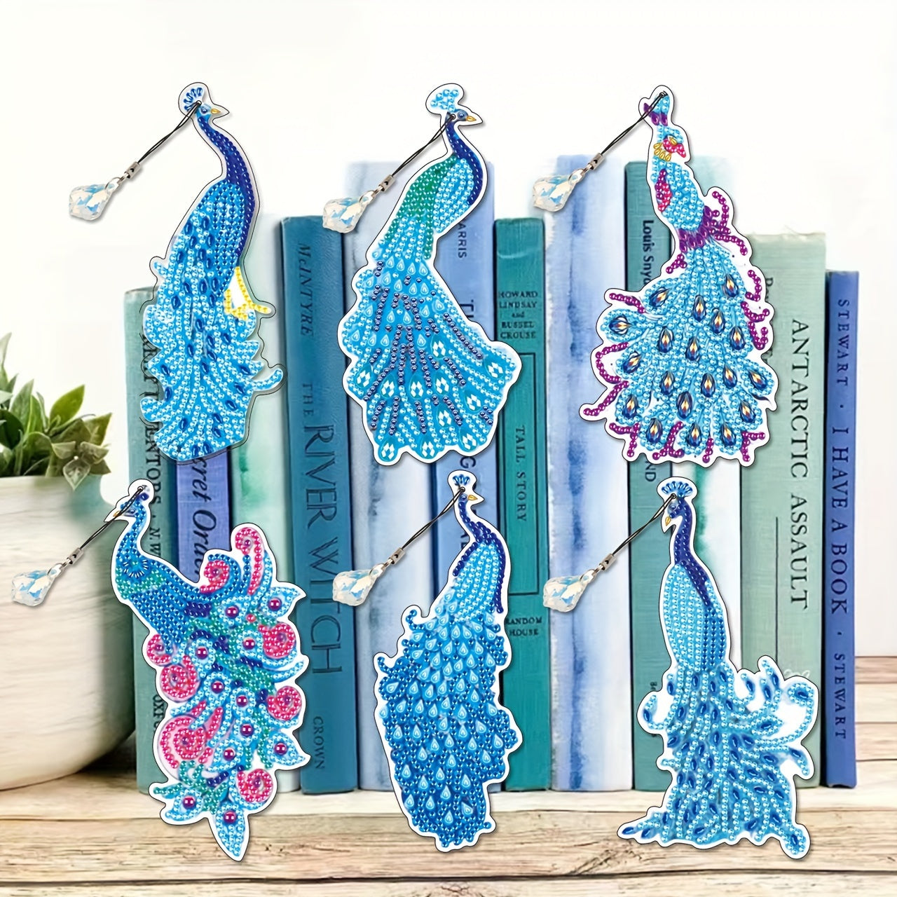 6packs Diamond Painting Bookmarks With Tassels DIY, Resin Water Drill Peacock Fe